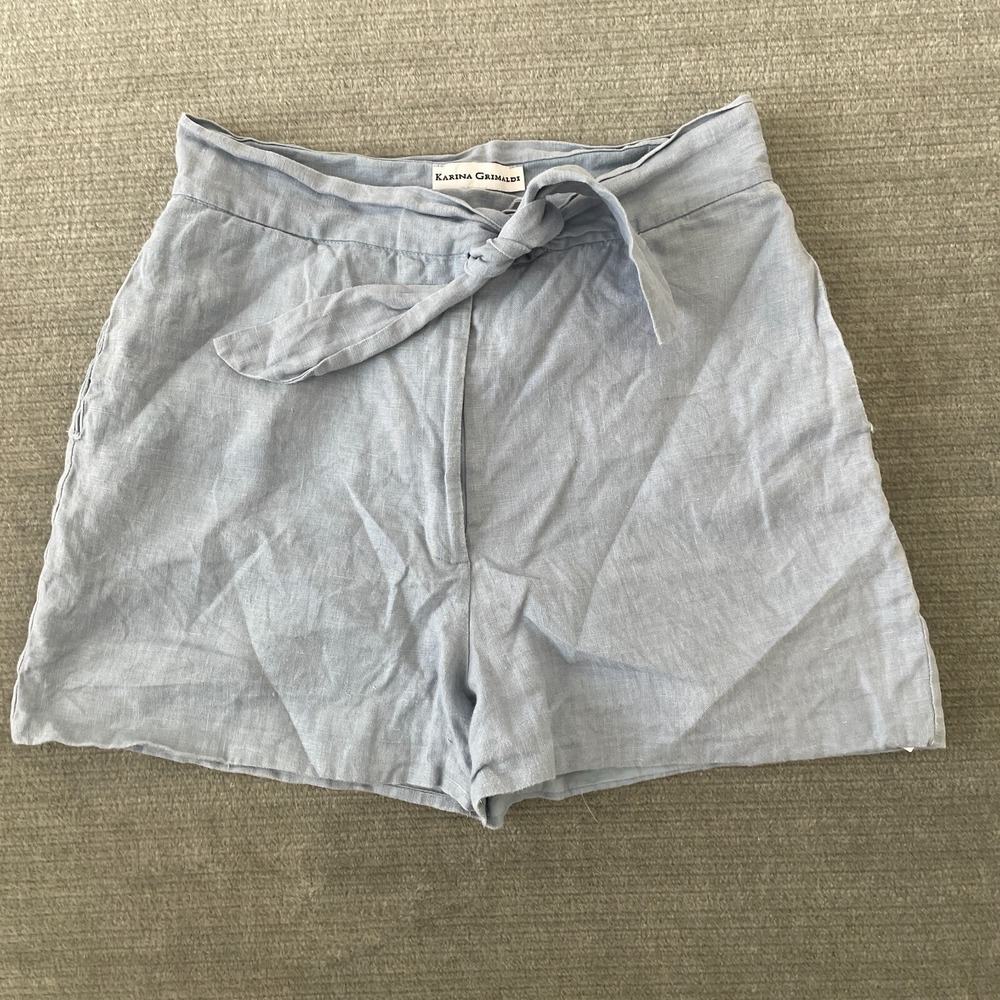 Karina Grimaldi Shorts Women M Light‎ Blue Linen High Rise Belted Resort Casual